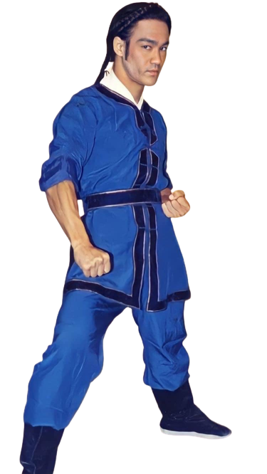 Bruce Lee wearing a blue traditional Wing Chun Kung Fu uniform