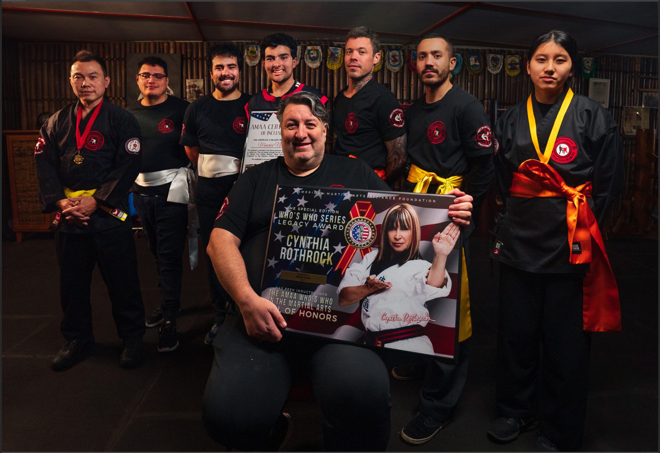 Sifu Maurice with AMAA Award and his students in Melbourne Wing Chun Academy